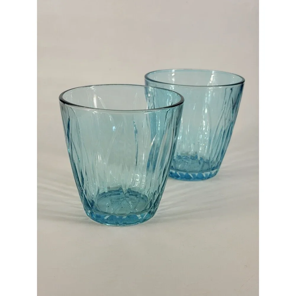 Pottery Barn Blue Swirl Double Old Fashioned Short Tumblers Flashed cut Glass
